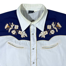 Load image into Gallery viewer, Vintage Cowboy Western Embroidered Floral White Navy Popper Long Sleeve Shirt