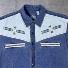 Load image into Gallery viewer, Vintage John Baner Embroidered Cowboy Western Aztec Blue Denim Short Sleeve Shirt