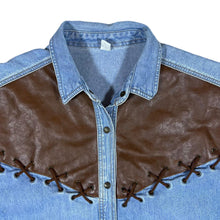 Load image into Gallery viewer, Vintage Faux Leather Shoulder Panel Cowboy Western Long Sleeve Blue Denim Shirt