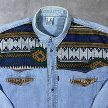 Load image into Gallery viewer, Vintage Stock Cowboy Western Woven Panel Popper Blue Denim Long Sleeve Shirt