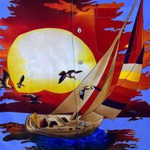 Load image into Gallery viewer, Early 00's Fuhua Nautical Y2K Sunset Graphic Blue Open Collar Shirt