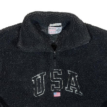 Load image into Gallery viewer, Vintage Privilege USA Embroidered Flag Spellout Black Sherpa 1/4 Zip Fleece Sweatshirt