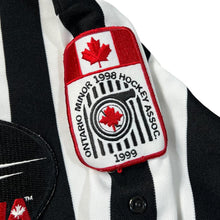 Load image into Gallery viewer, Vintage BAUER OMHA "Ontario 1998 Hockey Association" Referee Striped Polyester Ice Hockey Collared 1/4 Zip Sweatshirt