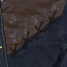 Load image into Gallery viewer, Vintage Faux Brown Leather Panel Cowboy Western Washed Black Denim Long Sleeve Shirt