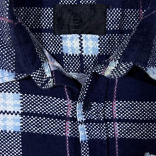 Load image into Gallery viewer, Vintage Yaohun Navy Blue White Plaid Check Long Sleeve Cotton Flannel Shirt