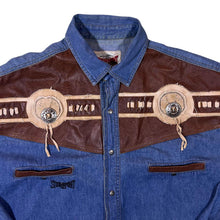 Load image into Gallery viewer, Vintage Stockerpoint Cowboy Western Blue Denim Leather Panel Popper Long Sleeve Shirt