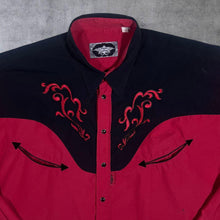 Load image into Gallery viewer, Vintage Stars & Stripes Cowboy Western Embroidered Red Black Popper Long Sleeve Shirt