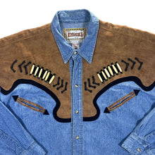 Load image into Gallery viewer, Vintage RIVERGOLD Leather Effect Panel Cowboy Western Long Sleeve Blue Denim Shirt