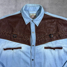 Load image into Gallery viewer, Vintage Stockerpoint Cowboy Western Blue Denim Brown Leather Panel Popper Long Sleeve Shirt