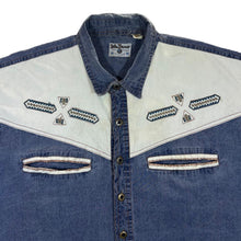 Load image into Gallery viewer, Vintage 90's JOHN BANER Aztec Panel Western Cowboy Short Sleeve Blue Denim Shirt