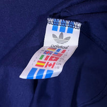 Load image into Gallery viewer, Vintage Adidas Big Spellout Graphic Three Stripe Blue Yellow Cotton Ringer T-Shirt