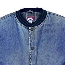 Load image into Gallery viewer, Vintage 90's NORTH CREST Blue Denim Contrast Green Sleeve Padded Bomber Varsity Jacket