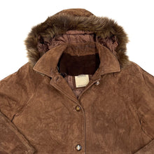 Load image into Gallery viewer, Vintage 90’s LADY COLLECTION Italian Suede Leather Fur Trim Hooded Jacket