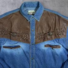 Load image into Gallery viewer, Vintage Stockerpoint Cowboy Western Blue Denim Brown Leather Panel Popper Long Sleeve Shirt
