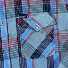 Load image into Gallery viewer, Vintage Wrangler Cowboy Western Made In USA Blue Plaid Check Long Sleeve Shirt