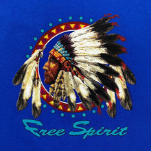 Load image into Gallery viewer, Free Spirit Native American Chieftain Spellout Graphic Blue T-Shirt