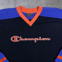 Load image into Gallery viewer, Vintage Champion Embroidered Spellout Colour Block V-Neck Sweatshirt