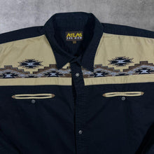 Load image into Gallery viewer, Vintage Atlas For Men Cowboy Western Embroidered Aztec Black Beige Cotton Long Sleeve Shirt