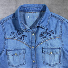 Load image into Gallery viewer, Early 00's Cowboy Western Style Embroidered Floral Popper Blue Denim Long Sleeve Shirt