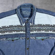 Load image into Gallery viewer, Vintage Stars & Stripes Cowboy Western Patterned Embroidered Blue Denim Long Sleeve Shirt