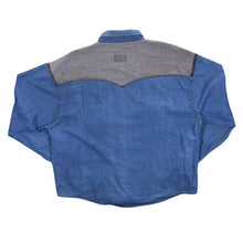 Load image into Gallery viewer, Vintage Running Bear Cowboy Western Blue Denim Long Sleeve Cotton Popper Shirt