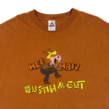 Load image into Gallery viewer, Early 00's HEE HAW "Bustin' A Gut" Donkey Cartoon Spellout Graphic Burnt Orange T-Shirt