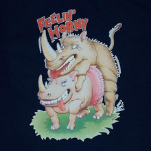 Load image into Gallery viewer, Feelin' Horny Novelty Rhino Cartoon Spellout Graphic Navy Blue T-Shirt