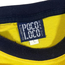 Load image into Gallery viewer, Vintage Poco Loco Embroidered Logo Navy Blue Yellow Colour Block Striped T-Shirt
