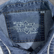 Load image into Gallery viewer, Vintage Stars & Stripes Cowboy Western Patterned Embroidered Blue Denim Long Sleeve Shirt