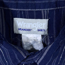 Load image into Gallery viewer, Vintage Wrangler "Wrancher" Navy Blue Striped Check Cowboy Western Popper Long Sleeve Shirt