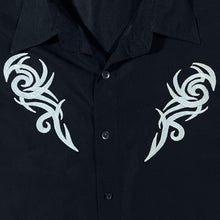 Load image into Gallery viewer, Early 00's Identic Tribal Goth Y2K Tattoo Embroidered Motif Black Short Sleeve Polyester Shirt