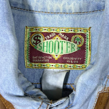 Load image into Gallery viewer, Vintage Shooter Cowboy Western Leather Panel Blue Denim Popper Long Sleeve Shirt