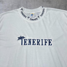 Load image into Gallery viewer, Early 00’s Tenerife Embroidered Souvenir Spellout Trim Poly Cotton White T-Shirt