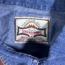 Load image into Gallery viewer, Vintage Stockerpoint Cowboy Western Blue Denim Brown Leather Panel Popper Long Sleeve Shirt