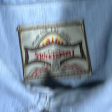 Load image into Gallery viewer, Vintage Stockerpoint Cowboy Western Blue Denim Brown Leather Panel Popper Long Sleeve Shirt