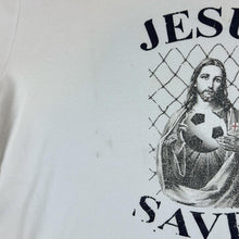 Load image into Gallery viewer, FRENCH CONNECTION "Jesus Saves" Jesus Novelty Football Graphic Ringer T-Shirt