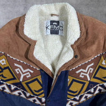 Load image into Gallery viewer, Vintage 90's KFMC Aztec Patterned Woven Panel Suede Leather Fleece Lined Bomber Jacket