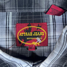 Load image into Gallery viewer, Vintage Attrak Jeans Cowboy Western Black White Grey Plaid Check Long Sleeve Popper Shirt