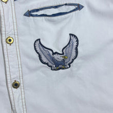 Load image into Gallery viewer, Vintage Cowboy Western Embroidered Aztec Eagle White Blue Short Sleeve Shirt