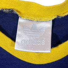 Load image into Gallery viewer, Vintage Adidas Big Spellout Graphic Three Stripe Blue Yellow Cotton Ringer T-Shirt