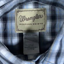 Load image into Gallery viewer, Vintage Wrangler Cowboy Western Black Blue White Plaid Check Popper Long Sleeve Shirt