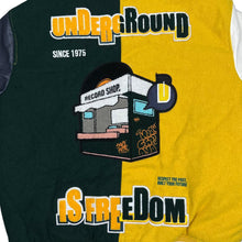 Load image into Gallery viewer, ZARA "Underground Is Freedom" Embroidered Spellout Colour Block Varsity Letterman Bomber Jacket