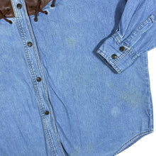 Load image into Gallery viewer, Vintage Faux Leather Shoulder Panel Cowboy Western Long Sleeve Blue Denim Shirt