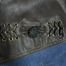 Load image into Gallery viewer, Vintage Men's Company Cowboy Western Brown Faux Leather Panel Blue Denim Shirt