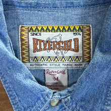 Load image into Gallery viewer, Vintage RIVERGOLD Leather Effect Panel Cowboy Western Long Sleeve Blue Denim Shirt