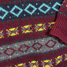 Load image into Gallery viewer, Vintage Pure New Wool Abstract Patterned Burgundy Knit Jumper Sweater