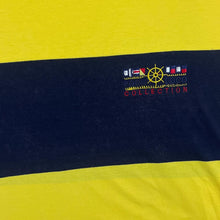 Load image into Gallery viewer, Vintage Poco Loco Embroidered Logo Navy Blue Yellow Colour Block Striped T-Shirt