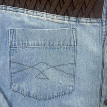 Load image into Gallery viewer, Vintage Cowboy Western Brown Leather Panel Blue Denim Popper Long Sleeve Shirt