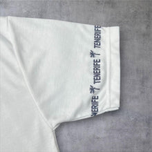 Load image into Gallery viewer, Early 00’s Tenerife Embroidered Souvenir Spellout Trim Poly Cotton White T-Shirt