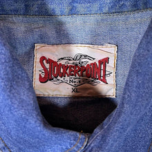 Load image into Gallery viewer, Vintage Stockerpoint Cowboy Western Blue Denim Leather Panel Popper Long Sleeve Shirt
